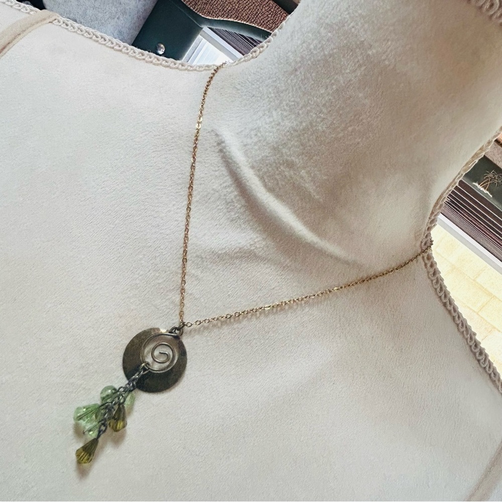 Handcrafted repurpose brass swirl medallion beaded pendant on chain necklace